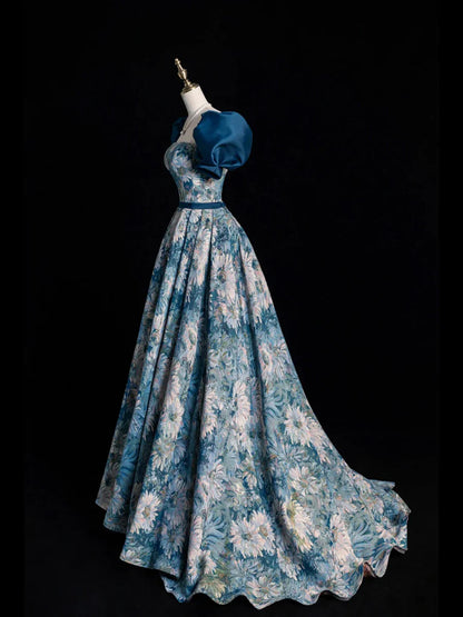 Vestido de noche largo con estampado azul, elegante, corte A, manga corta, TP312