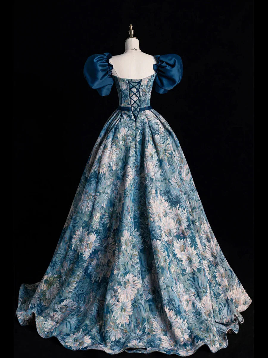 Vestido de noche largo con estampado azul, elegante, corte A, manga corta, TP312