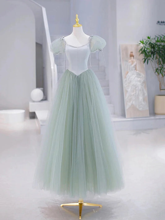 Green Tulle Floor Length Prom Dress, Green Short Sleeve Evening Party Dress  TP315