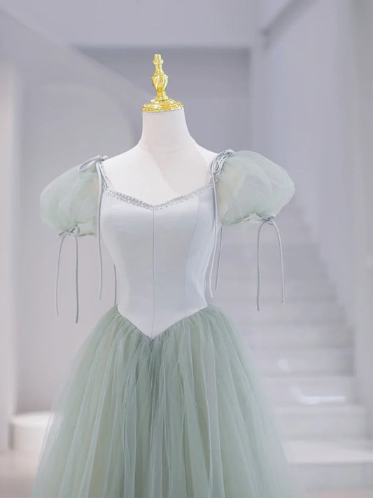 Green Tulle Floor Length Prom Dress, Green Short Sleeve Evening Party Dress  TP315