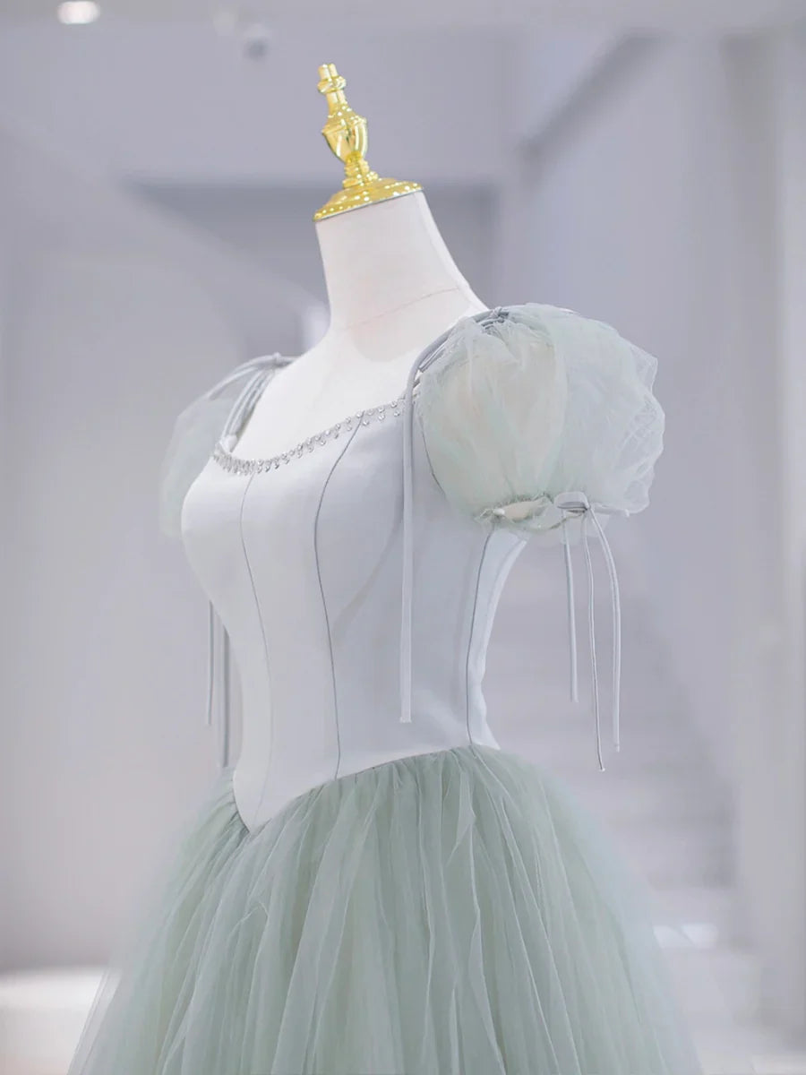 Green Tulle Floor Length Prom Dress, Green Short Sleeve Evening Party Dress  TP315