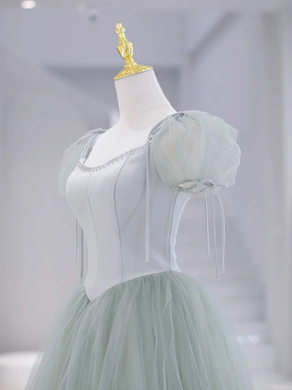 Green Tulle Floor Length Prom Dress, Green Short Sleeve Evening Party Dress  TP315
