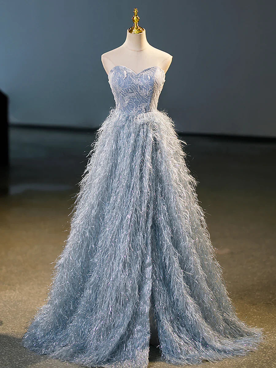 Blue A-Line Strapless Floor Length Prom Dress, Blue Evening Party Dress  TP317