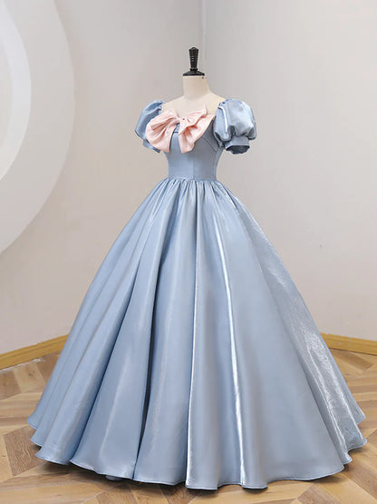Blue Satin Floor Length Prom Dress with Bow, Blue A-Line Evening Formal Dress  TP318