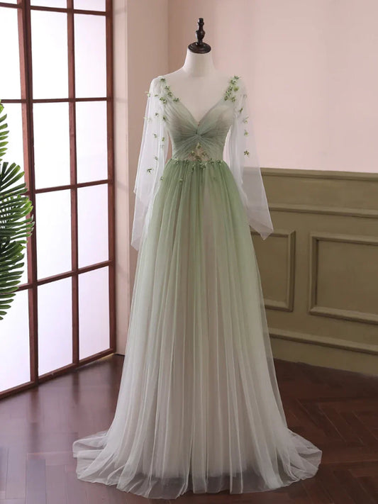 Vestido de fiesta de tul verde claro con mangas largas y escote en V profundo, largo hasta el suelo, TP320
