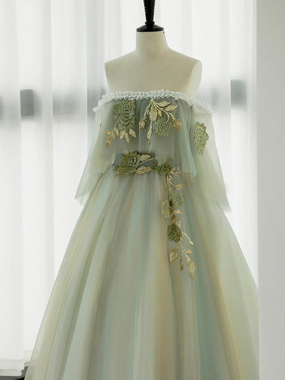 Green Tulle Lace Long Prom Dress, Green Off Shoulder Evening Party Dress  TP321
