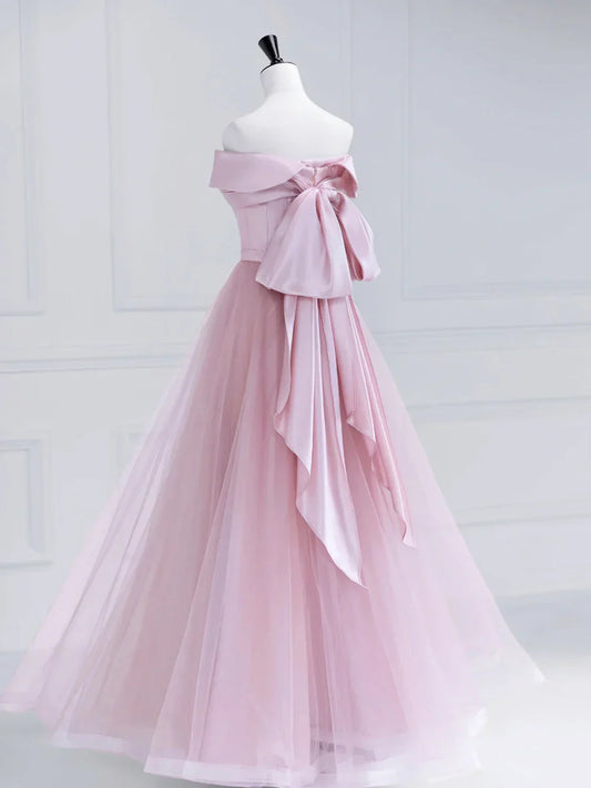 Pink Satin Tulle Long Prom Dress, Pink Off Shoulder Evening Dress  TP323