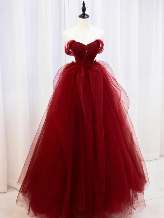 Burgundy Sweetheart Tulle Long Prom Dress with Beaded, Burgundy Party Dress  TP325