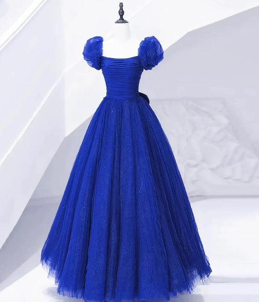 Precioso vestido de fiesta largo de tul con lazo, azul rey, manga corta, TP327