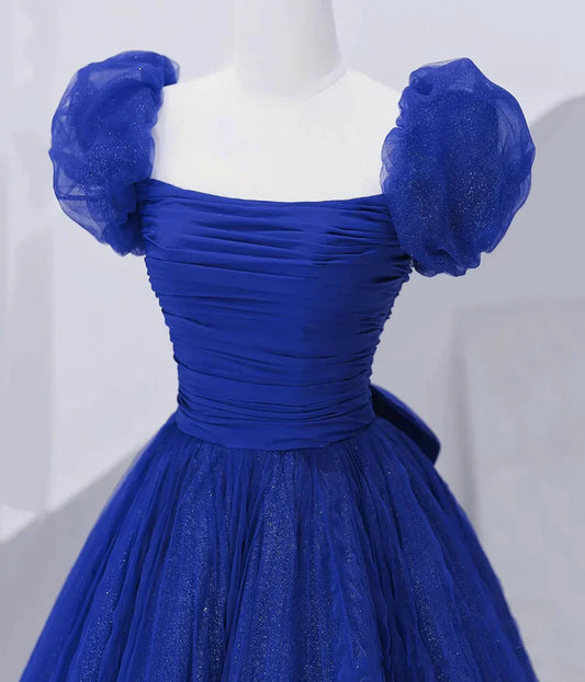 Precioso vestido de fiesta largo de tul con lazo, azul rey, manga corta, TP327