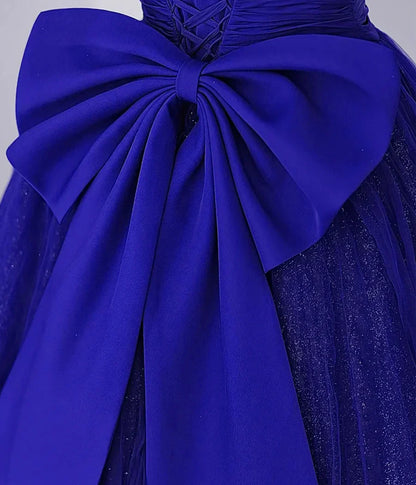 Precioso vestido de fiesta largo de tul con lazo, azul rey, manga corta, TP327