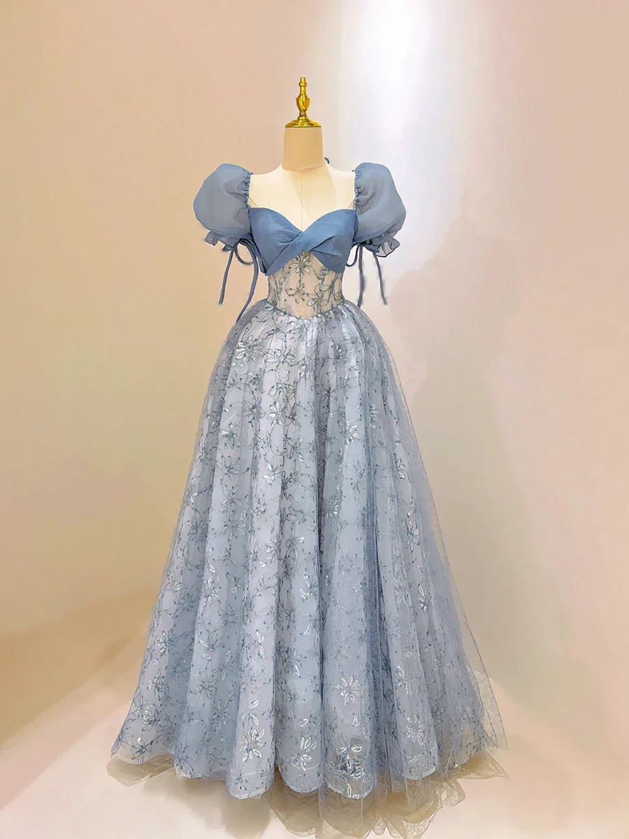 Blue Tulle Lace Long Prom Dress, Beautiful Short Sleeve Evening Dress  TP333