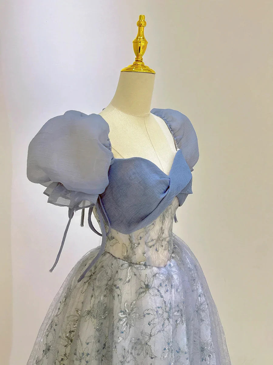 Blue Tulle Lace Long Prom Dress, Beautiful Short Sleeve Evening Dress  TP333