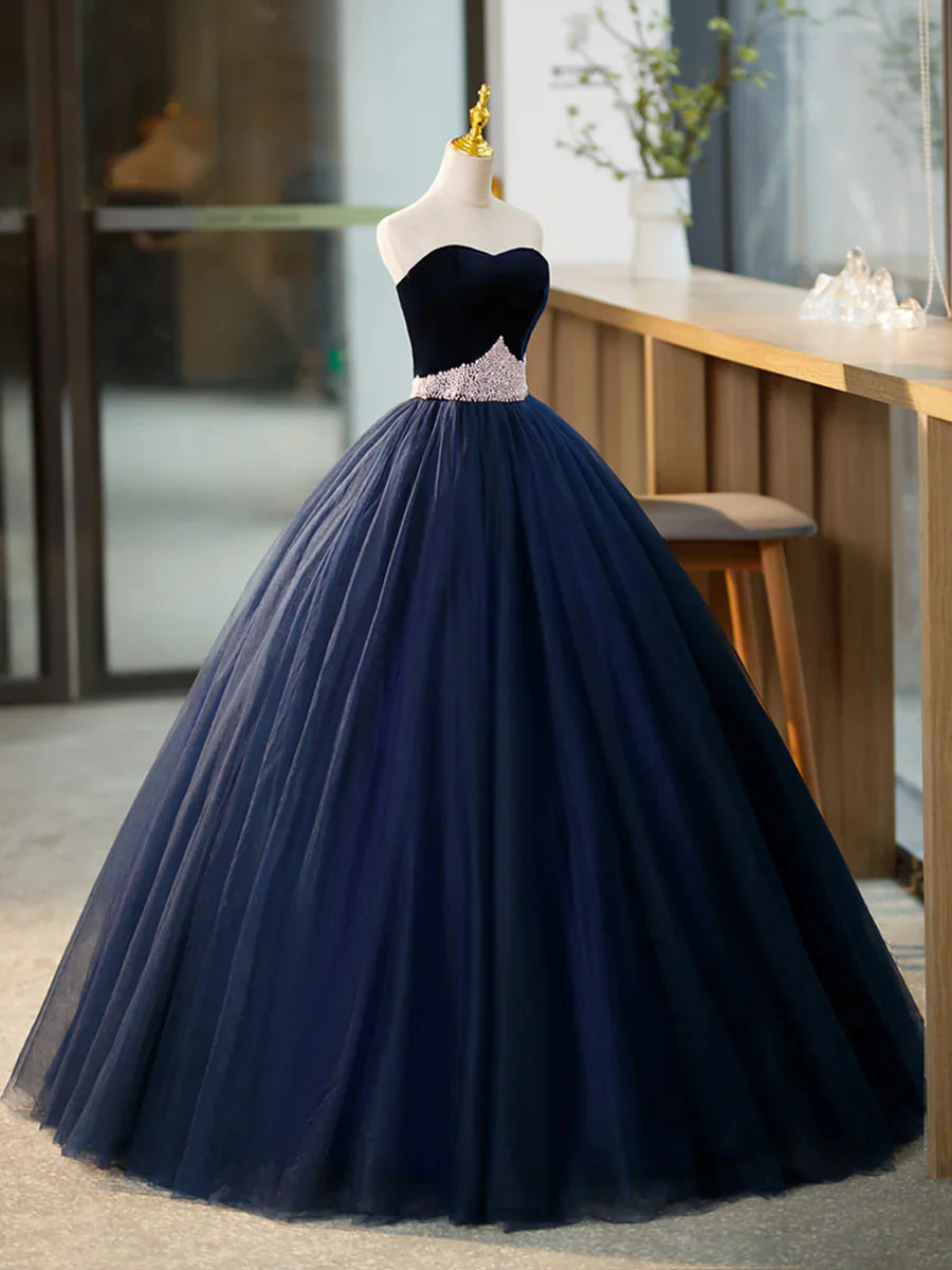Blue Tulle Long Formal Dress with Velvet, Blue Sweetheart Neck Prom Dress  TP334