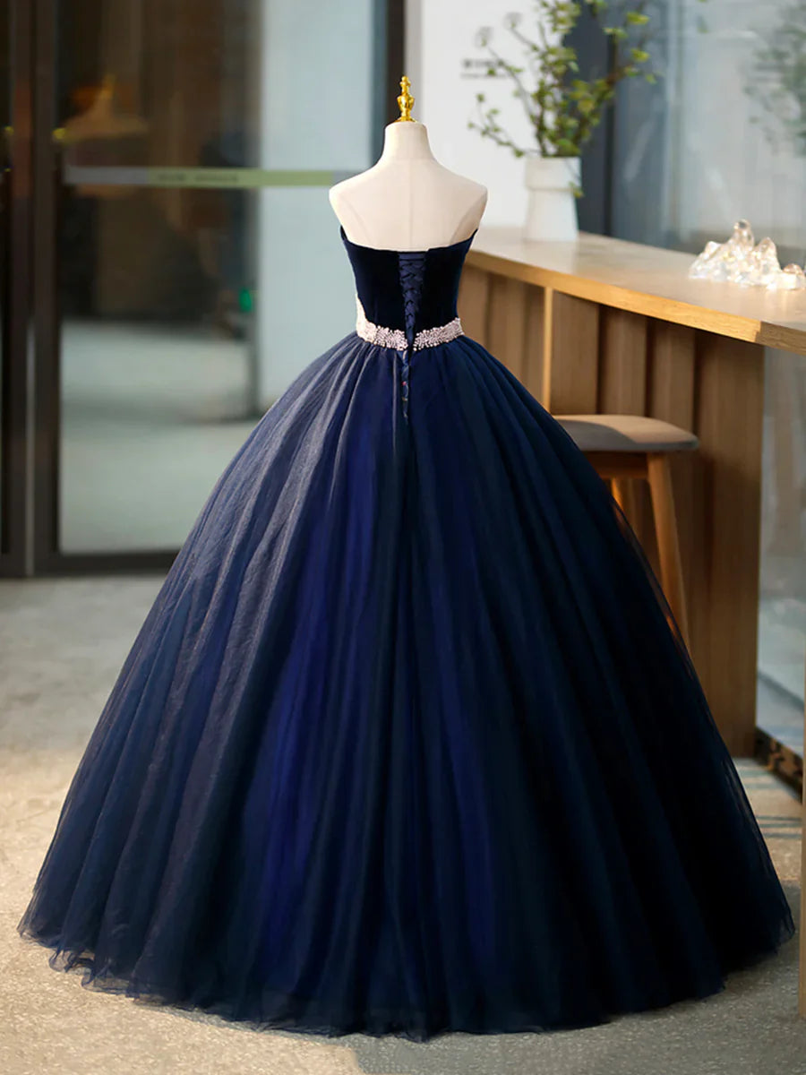 Blue Tulle Long Formal Dress with Velvet, Blue Sweetheart Neck Prom Dress  TP334