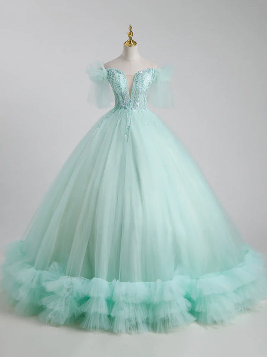 Hermoso vestido largo de tul con lentejuelas, corte A, para quinceañeras TP338