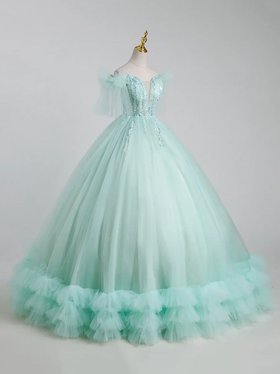 Hermoso vestido largo de tul con lentejuelas, corte A, para quinceañeras TP338