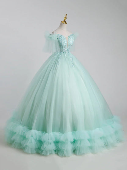 Hermoso vestido largo de tul con lentejuelas, corte A, para quinceañeras TP338