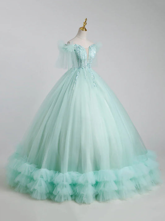 Hermoso vestido largo de tul con lentejuelas, corte A, para quinceañeras TP338