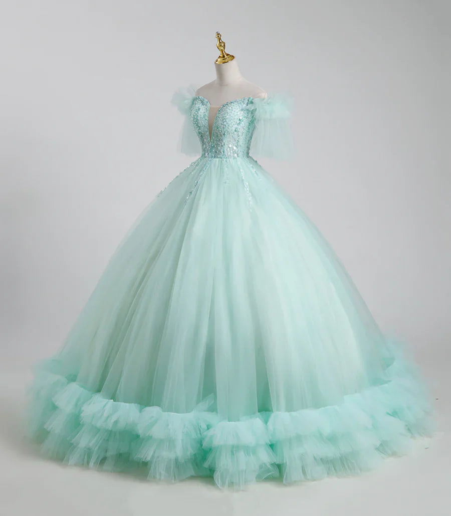 Hermoso vestido largo de tul con lentejuelas, corte A, para quinceañeras TP338