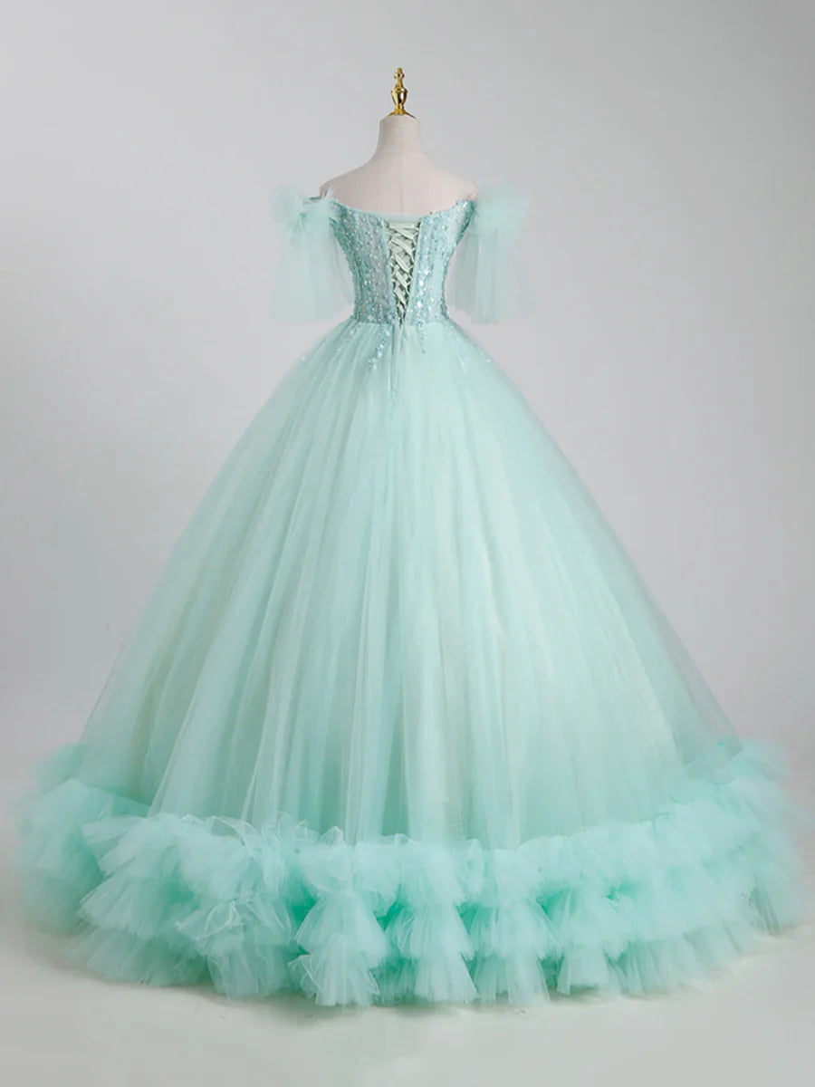 Hermoso vestido largo de tul con lentejuelas, corte A, para quinceañeras TP338