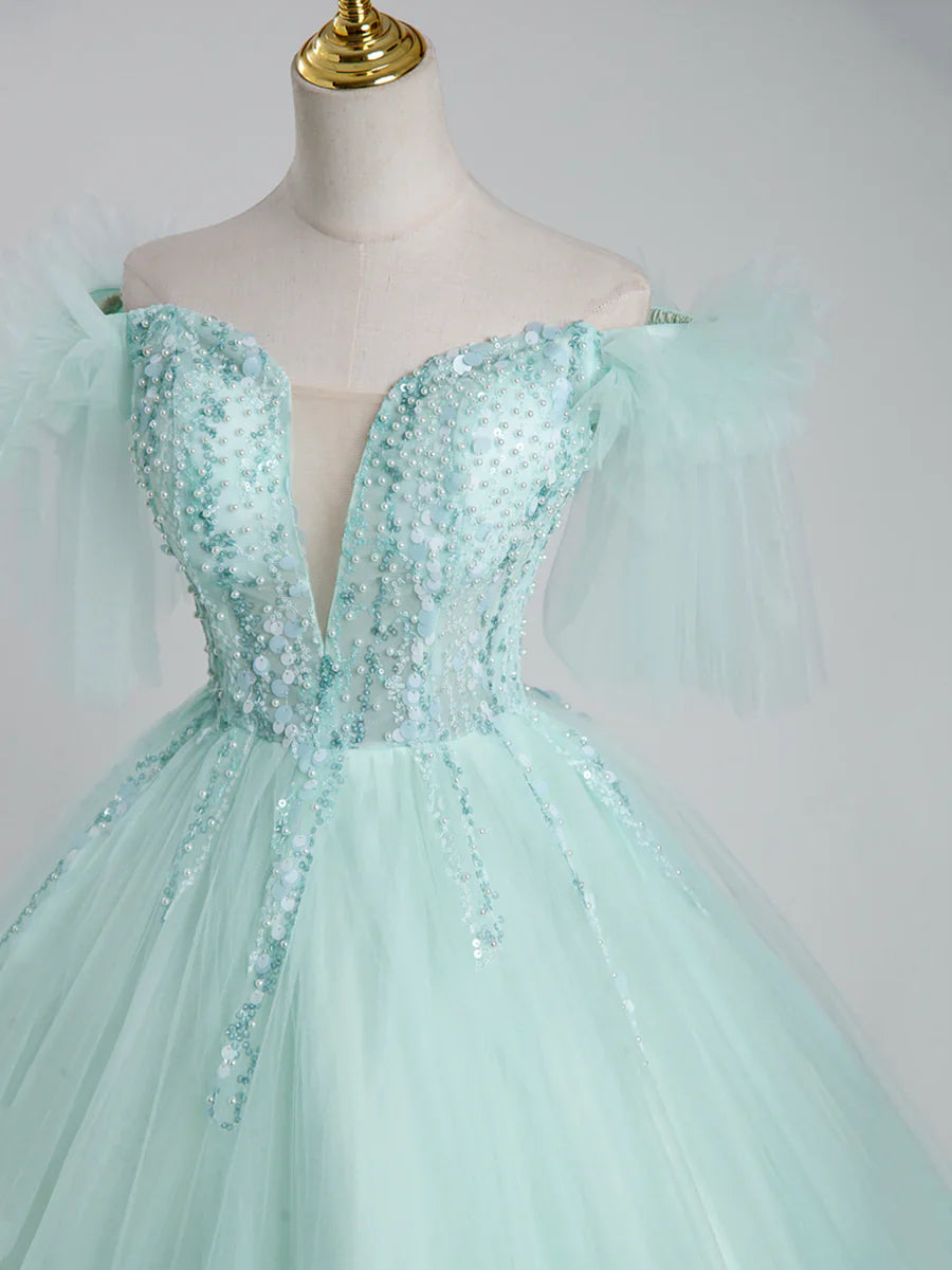 Hermoso vestido largo de tul con lentejuelas, corte A, para quinceañeras TP338