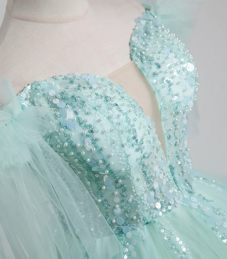 Hermoso vestido largo de tul con lentejuelas, corte A, para quinceañeras TP338