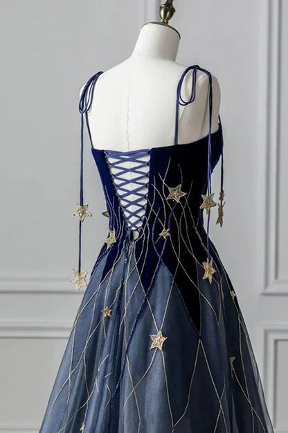 Blue Spaghetti Strap Velvet Long Prom Dress with Star, Blue Evening Dress Party Dress  TP340