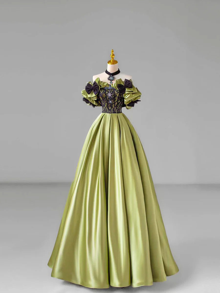 Green Satin Lace Long Prom Dress, Beautiful A-Line Evening Dress with Bow  TP342