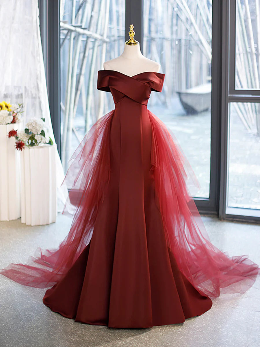 Mermaid V-Neck Satin Long Prom Dress, Burgundy Off Shoulder Evening Dress with Bow  TP343
