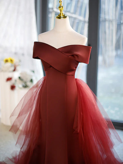 Mermaid V-Neck Satin Long Prom Dress, Burgundy Off Shoulder Evening Dress with Bow  TP343