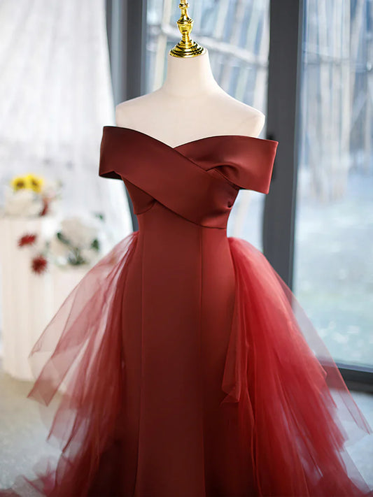 Mermaid V-Neck Satin Long Prom Dress, Burgundy Off Shoulder Evening Dress with Bow  TP343