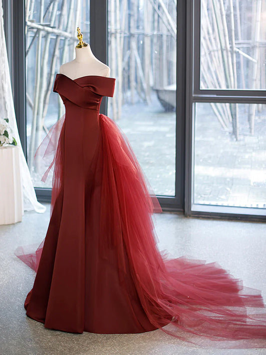 Mermaid V-Neck Satin Long Prom Dress, Burgundy Off Shoulder Evening Dress with Bow  TP343