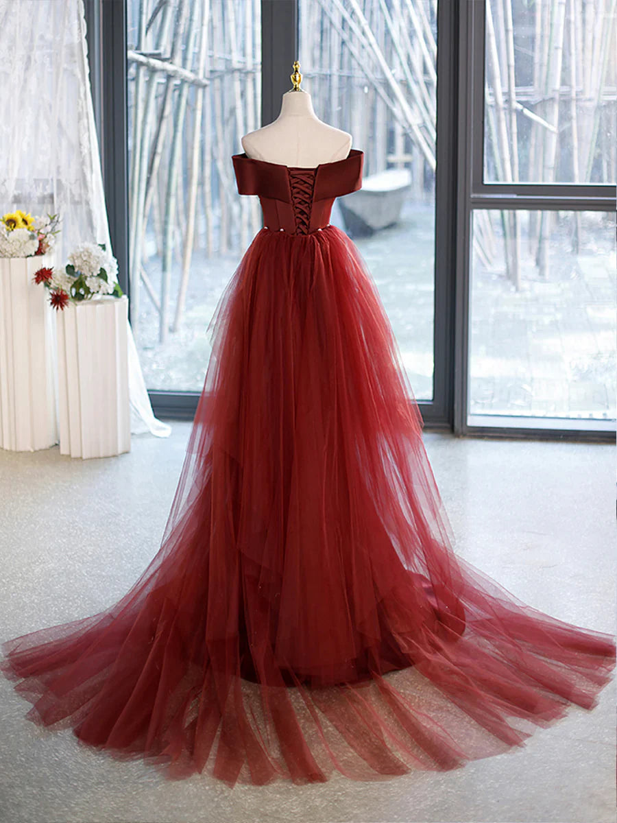 Mermaid V-Neck Satin Long Prom Dress, Burgundy Off Shoulder Evening Dress with Bow  TP343