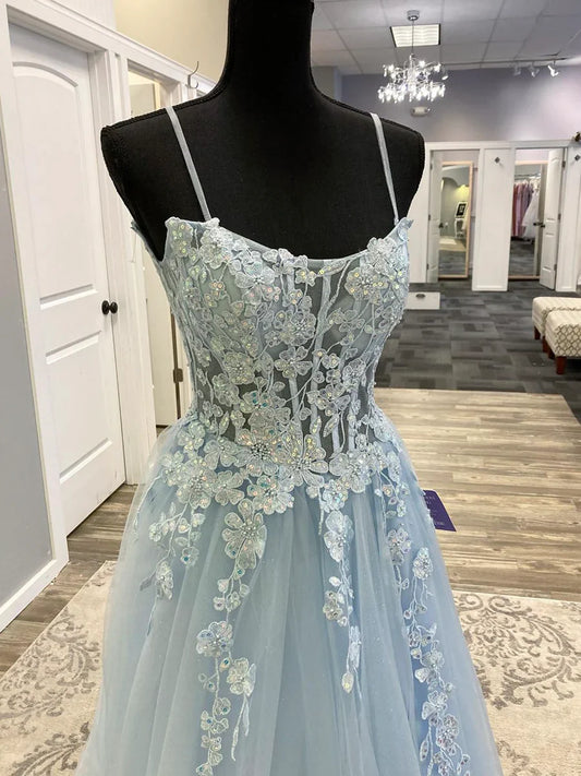 Blue Spaghetti Strap Tulle Long Prom Dress with Lace, A-Line Evening Party Dress  TP344