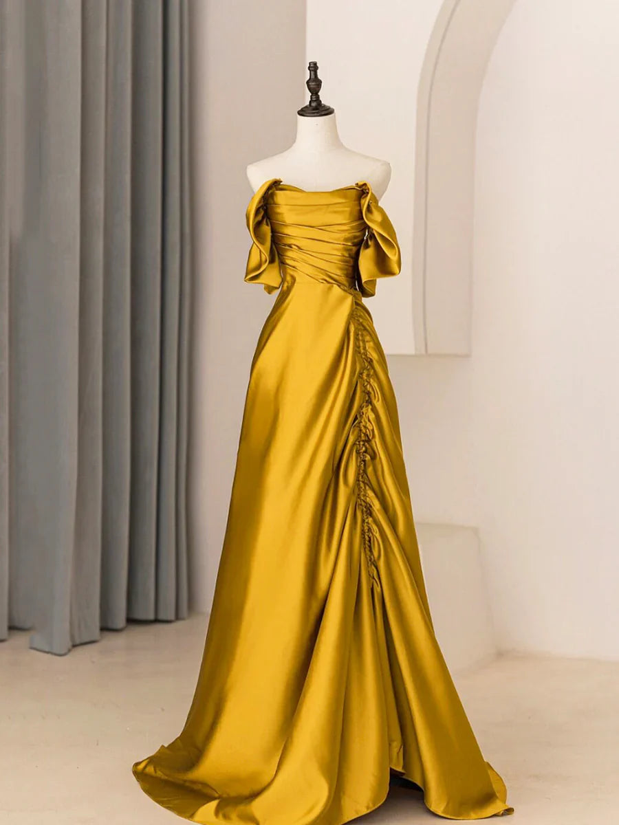 Vestido de fiesta largo de satén único, vestido de noche sencillo sin tirantes, corte A, TP345