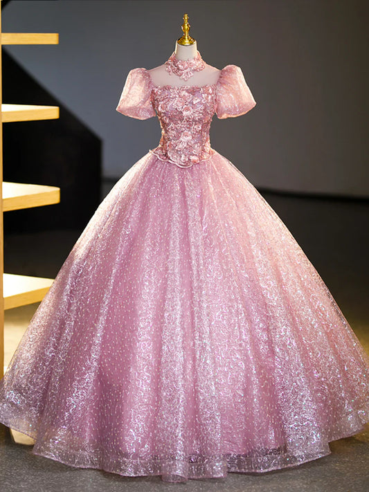 Vestido de fiesta largo de tul rosa y encaje con lentejuelas, precioso vestido de fiesta de quinceañera de corte A TP346
