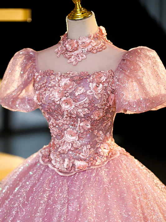 Vestido de fiesta largo de tul rosa y encaje con lentejuelas, precioso vestido de fiesta de quinceañera de corte A TP346