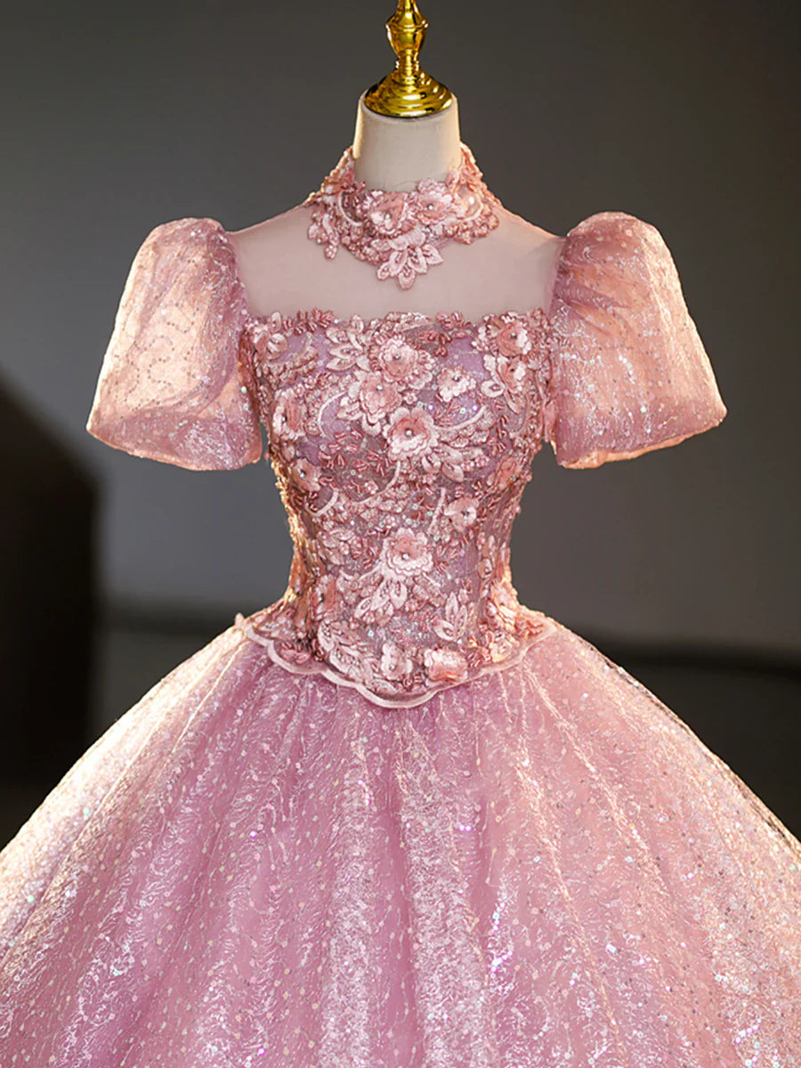 Vestido de fiesta largo de tul rosa y encaje con lentejuelas, precioso vestido de fiesta de quinceañera de corte A TP346