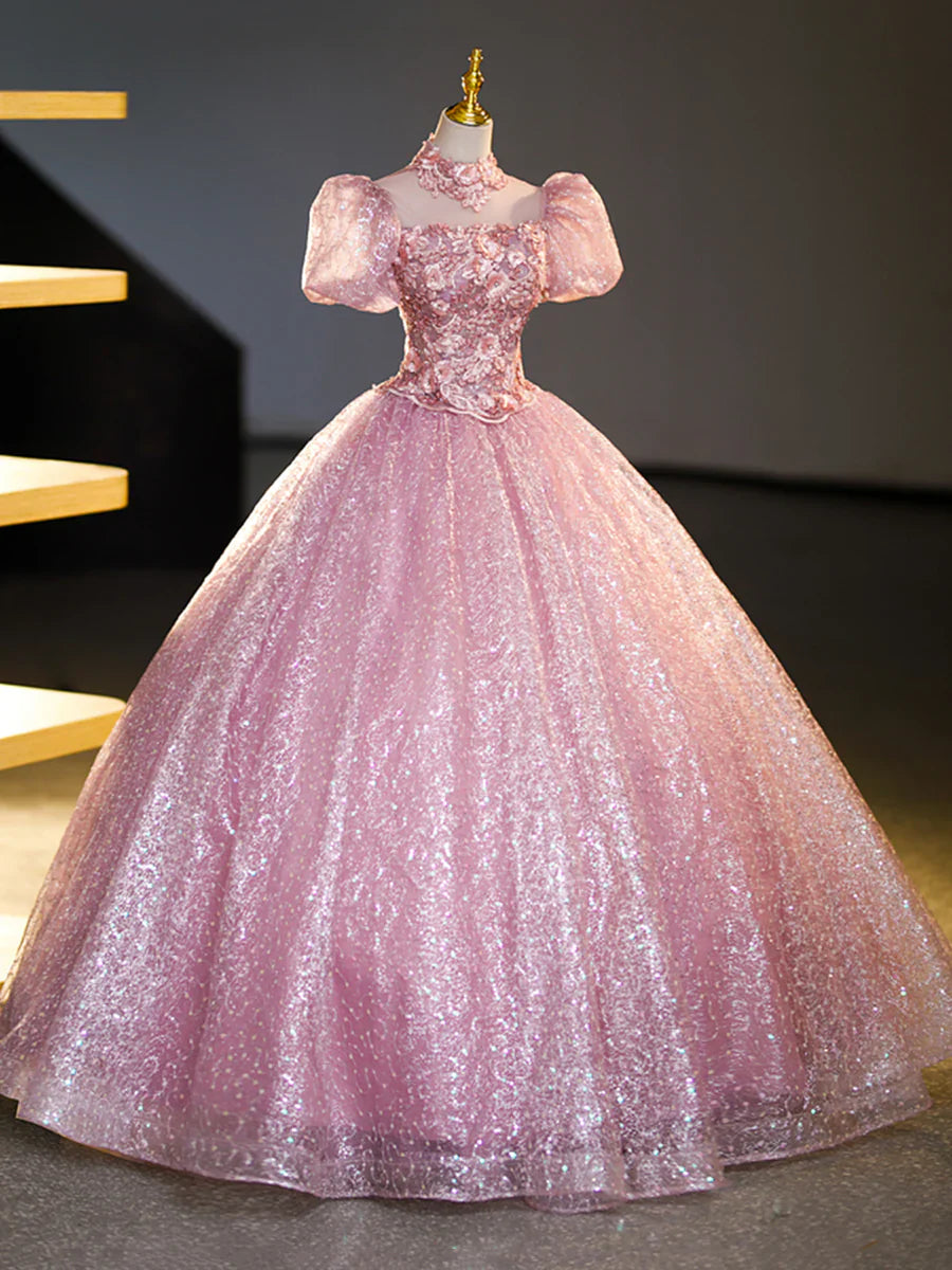Vestido de fiesta largo de tul rosa y encaje con lentejuelas, precioso vestido de fiesta de quinceañera de corte A TP346