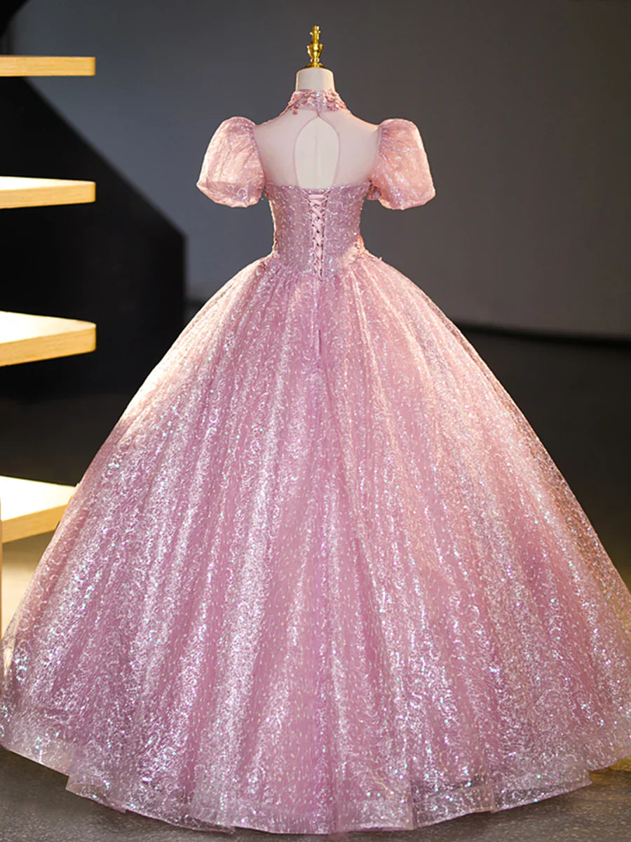 Vestido de fiesta largo de tul rosa y encaje con lentejuelas, precioso vestido de fiesta de quinceañera de corte A TP346
