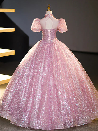 Vestido de fiesta largo de tul rosa y encaje con lentejuelas, precioso vestido de fiesta de quinceañera de corte A TP346