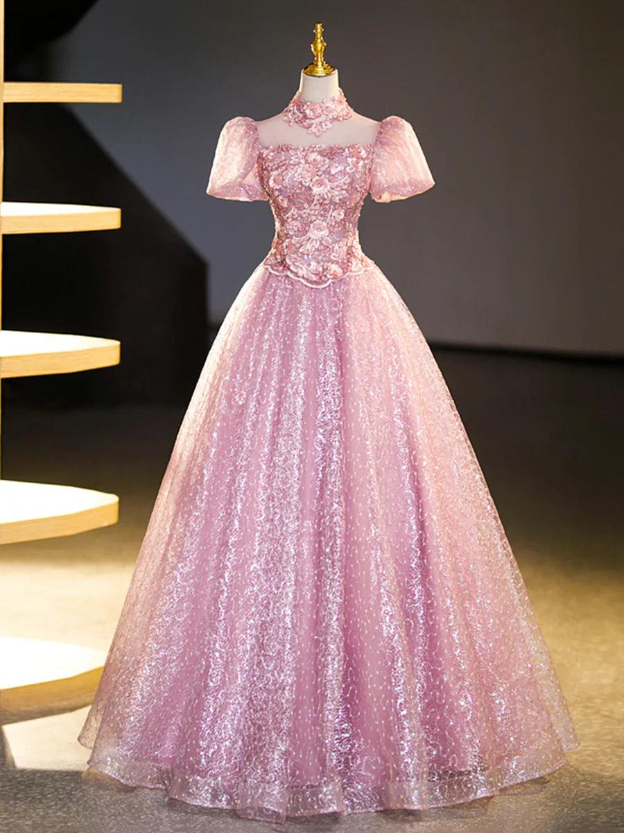 Vestido de fiesta largo de tul rosa y encaje con lentejuelas, precioso vestido de fiesta de quinceañera de corte A TP346
