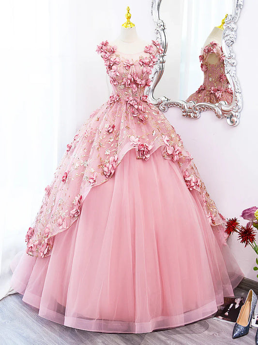 Vestido largo de fiesta de tul rosa con flores, precioso vestido de fiesta de quinceañera de corte A TP347
