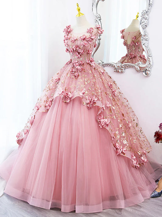 Vestido largo de fiesta de tul rosa con flores, precioso vestido de fiesta de quinceañera de corte A TP347