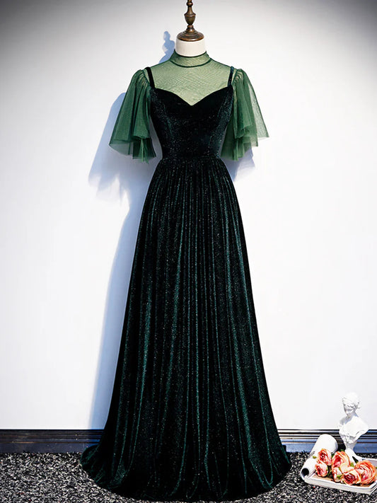 Green Velvet Long Prom Dress, Elegant A-Line Green Evening Dress  TP348