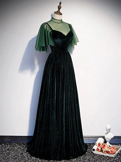 Vestido de fiesta largo de terciopelo verde, elegante vestido de noche verde de corte A TP348