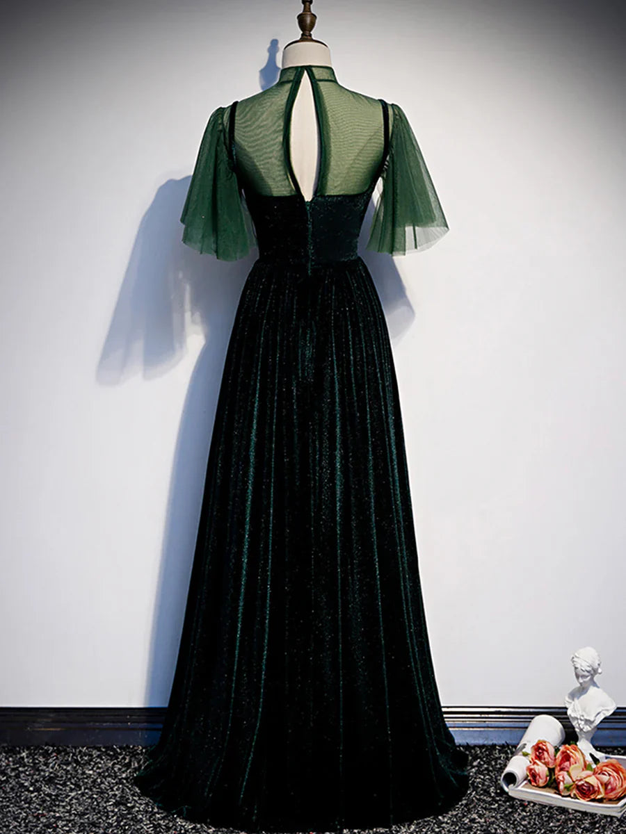 Vestido de fiesta largo de terciopelo verde, elegante vestido de noche verde de corte A TP348