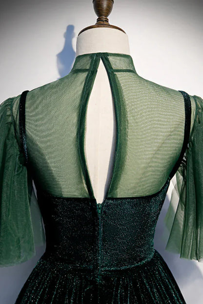 Vestido de fiesta largo de terciopelo verde, elegante vestido de noche verde de corte A TP348