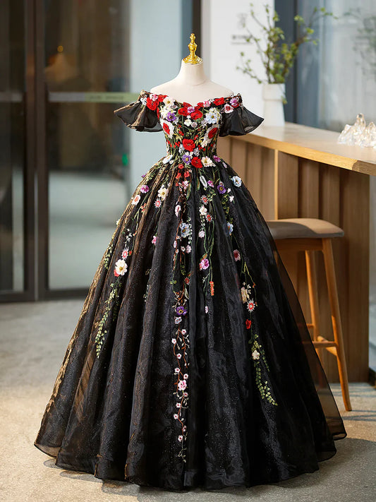 Black Tulle Long Prom Dress with Lace Flowers, Beautiful Off Shoulder Evening Gown  TP349